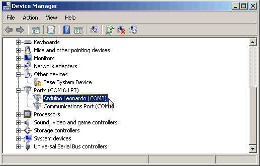 Device Manager - Ports - Arduino Leonardo